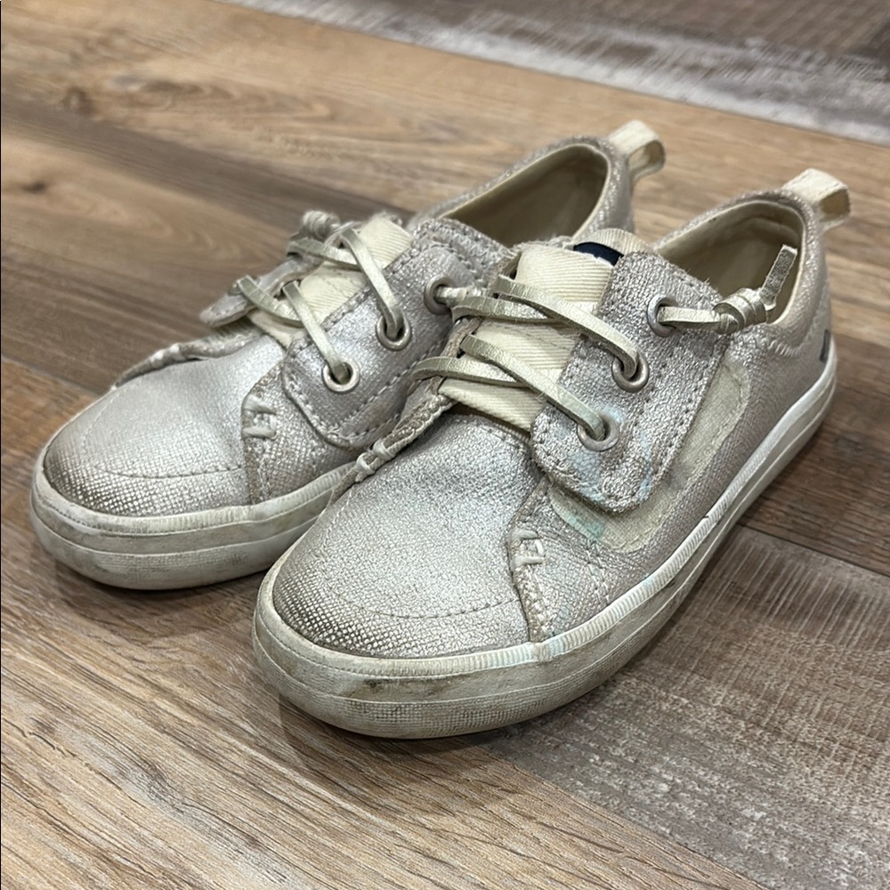 Sperry Silver Sneakers with Metallic Finish and Velcro Strap